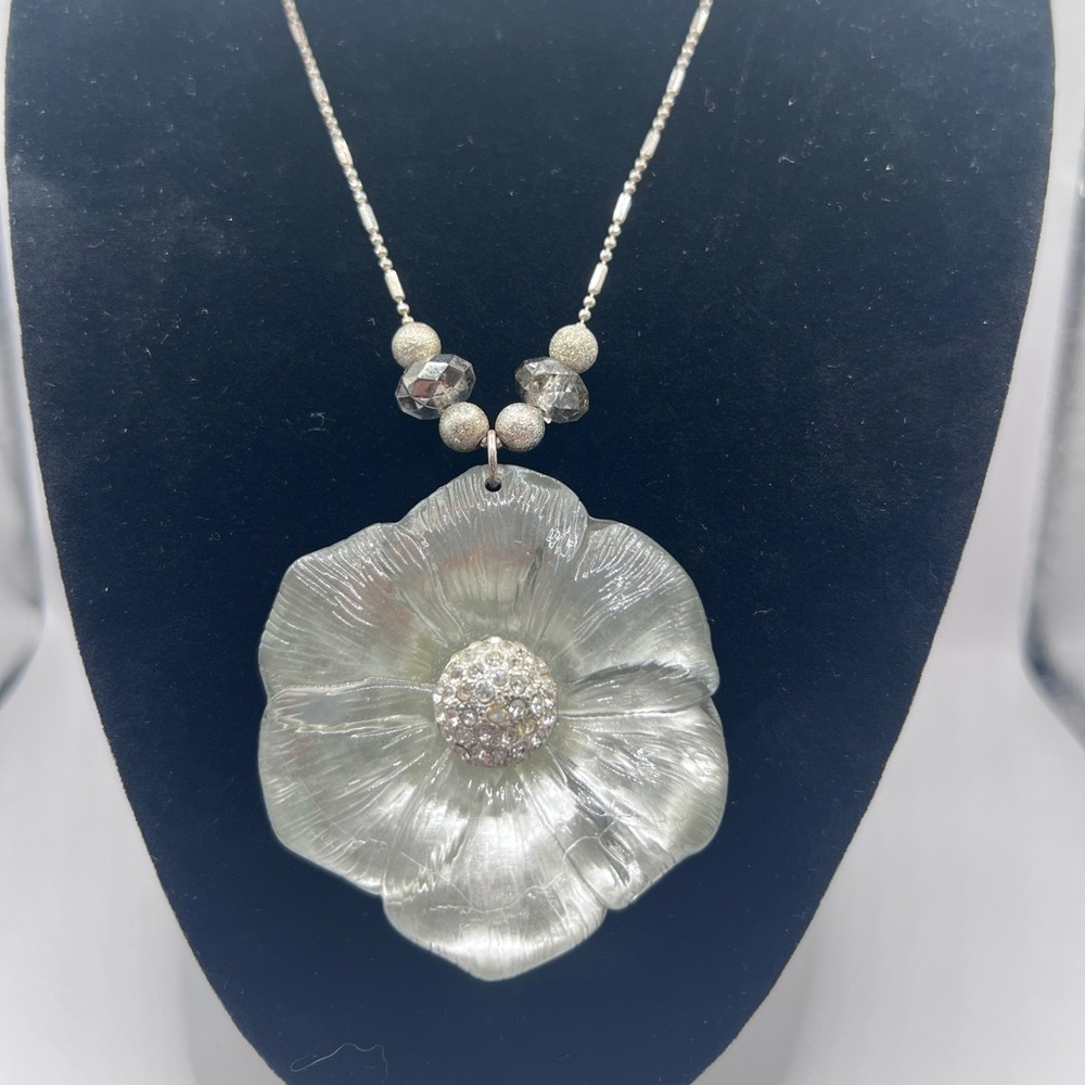 Large Plastic Flower Pendant with rhinestones on a stainless steel chain